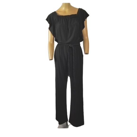 Calvin Klein Womens Square Neck Jumpsuit Size XS Slinky Stretch Black Wide Leg - Picture 1 of 16